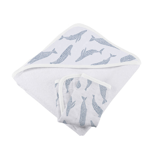 Blue Shadow Whales Bamboo Hooded Towel and Washcloth Set-1