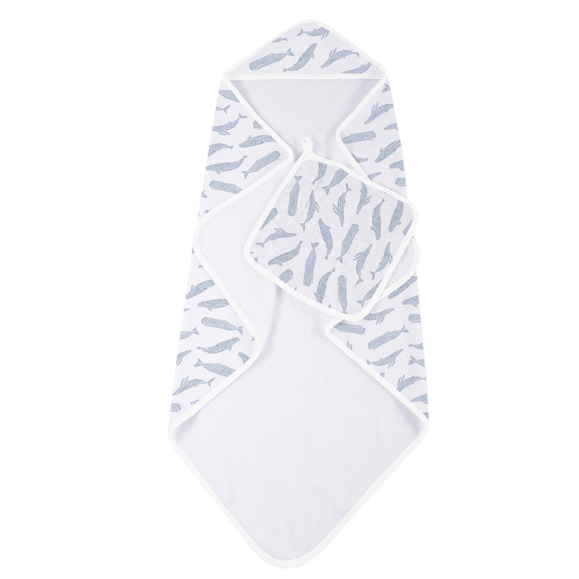 Blue Shadow Whales Bamboo Hooded Towel and Washcloth Set-2